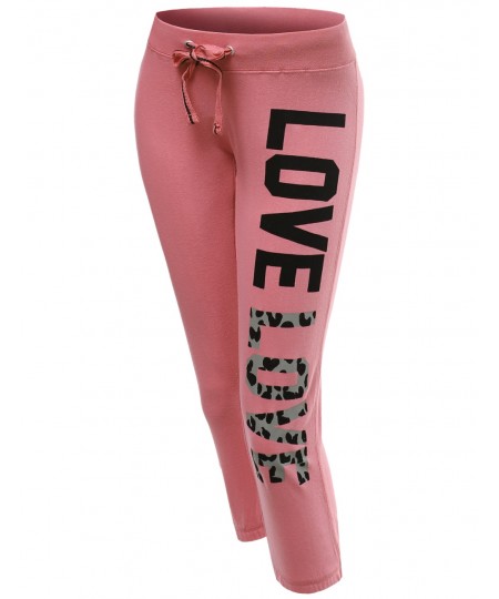 Women's 3/4 Love Printed Leopard Capri Workout Sweatpants