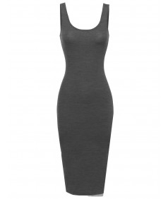Women's Basic Double Scoop Neck Fitted Midi Dresss