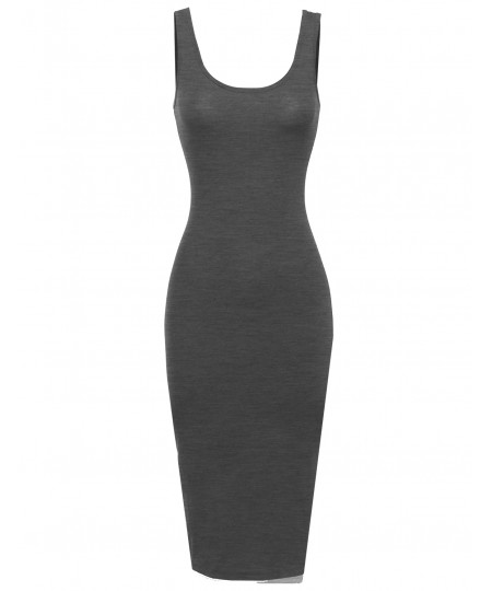 Women's Basic Double Scoop Neck Fitted Midi Dresss