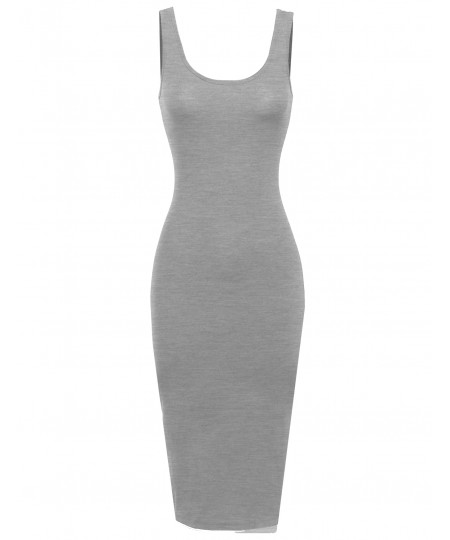 Women's Basic Double Scoop Neck Fitted Midi Dresss