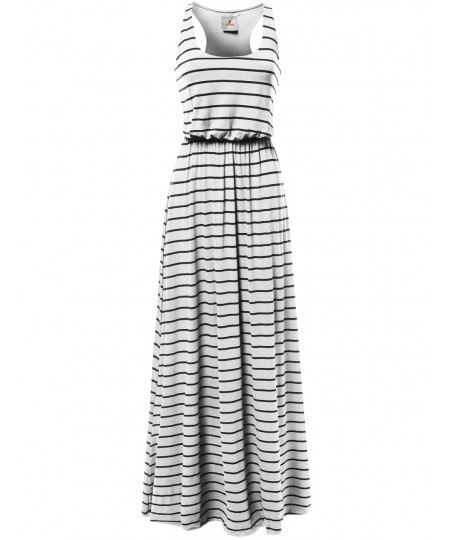 Women's Lined Striped Sleeveless Tank Racer-Back Long Maxi Dresses