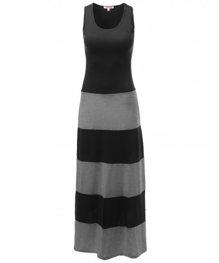 Women's Lined Striped Sleeveless Tank Racer-Back Long Maxi Dresses
