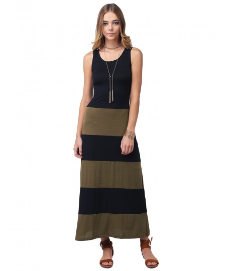 Women's Lined Striped Sleeveless Tank Racer-Back Long Maxi Dresses