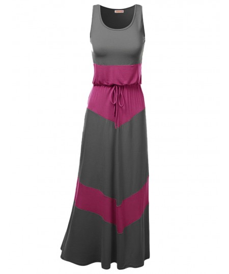 Women's Color Block Striped Good Strech Waist String Maxi Dresses