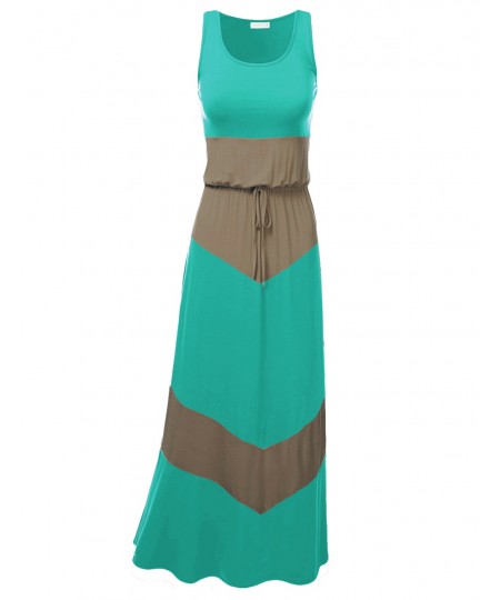 Women's Color Block Striped Good Strech Waist String Maxi Dresses