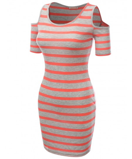 Women's Super Cute Stripe Patterned Off The Shoulder  Shirt Dresses