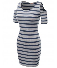 Women's Super Cute Stripe Patterned Off The Shoulder  Shirt Dresses