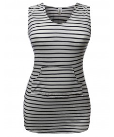 Women's Super Cute Stripe Casual Fit Sleeveless Tshirt Hood Dresses