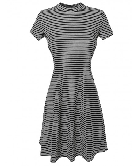 Women's Short Sleeve Keyhole Ribbed Striped Trapeze Dress