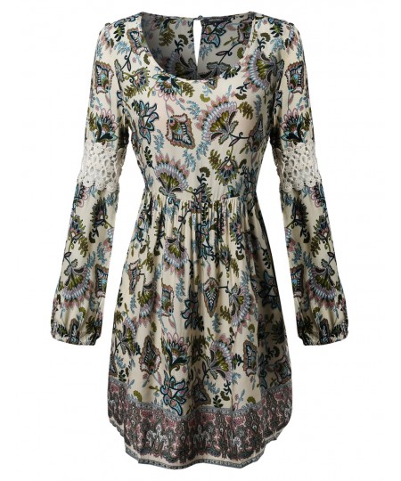 Women's Long Bell Sleeve W Lace Detail All Over Print Loose Fit Dress