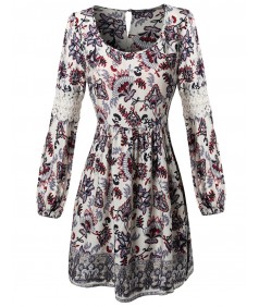 Women's Long Bell Sleeve W Lace Detail All Over Print Loose Fit Dress