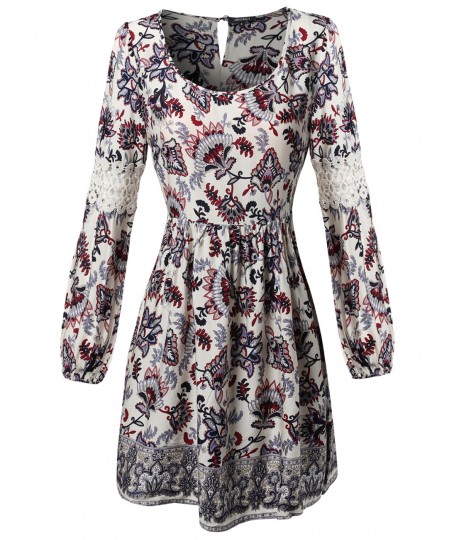 Women's Long Bell Sleeve W Lace Detail All Over Print Loose Fit Dress