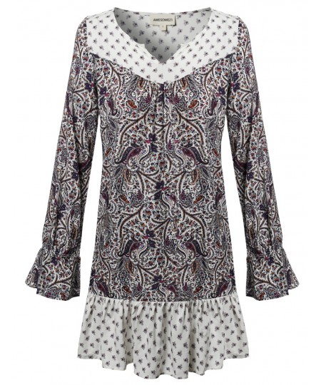 Women's Long Bell Sleeve All Over Print Mini Loose Fit Dress 