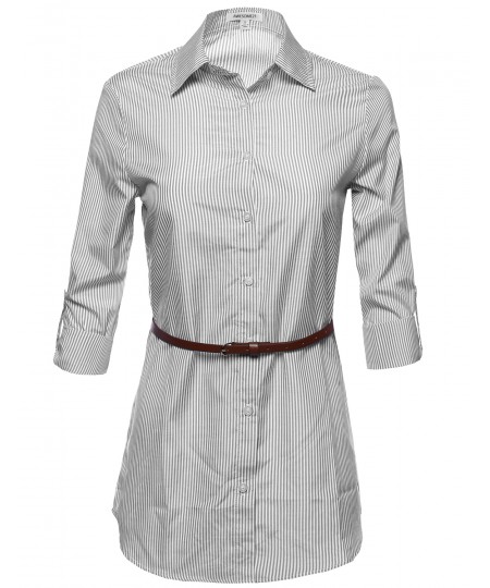 Women's Button Down Stripe Shirt Dress w/ Attached Belt