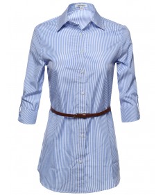 Women's Button Down Stripe Shirt Dress w/ Attached Belt