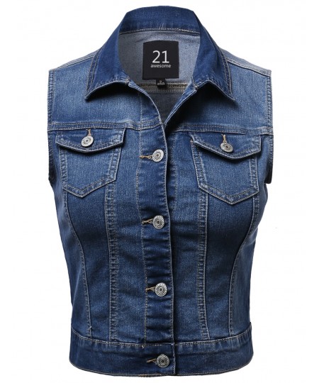 Women's Medium Stone Wash Strechy Denim Vest