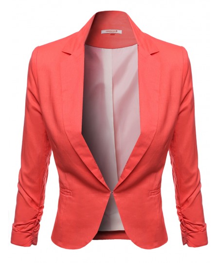 Women's 3/4 Sleeve Hook Closure Shirring Sleeve Blazers