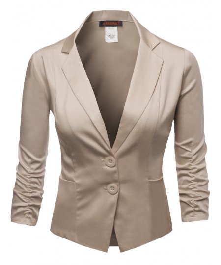 Women's Basic Solid Color Sherring Sleeve Boyfriend Plus Size Blazer 