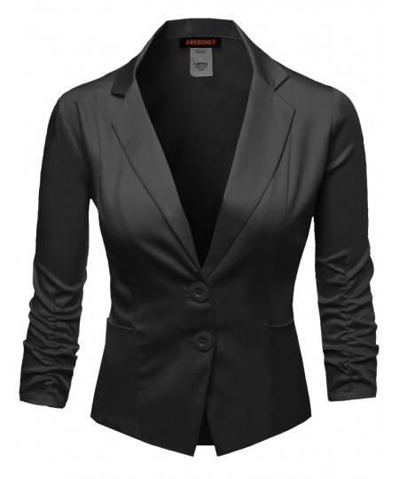 Women's Basic Solid Color Sherring Sleeve Boyfriend Plus Size Blazer 