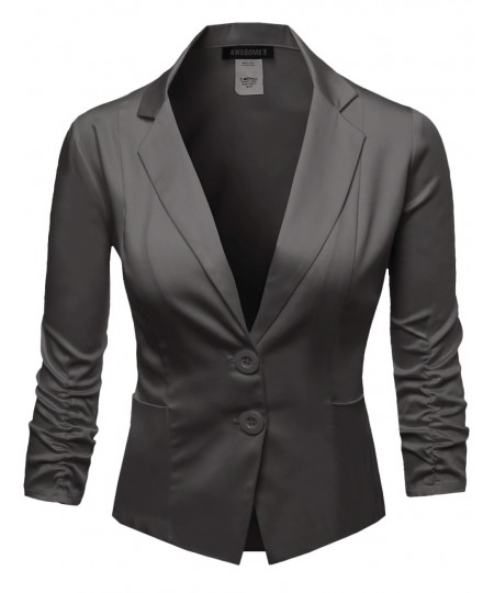 Women's Basic Solid Color Sherring Sleeve Boyfriend Plus Size Blazer 