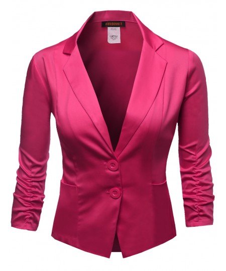 Women's Basic Solid Color Sherring Sleeve Boyfriend Plus Size Blazer 