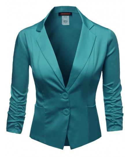 Women's Basic Solid Color Sherring Sleeve Boyfriend Plus Size Blazer 