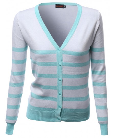 Women's Basic Stripe Color Contrast V Neck Cardigans