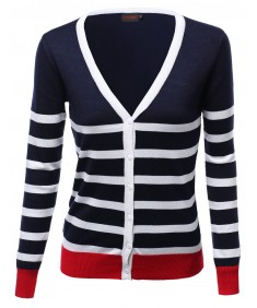 Women's Basic Stripe Color Contrast V Neck Cardigans