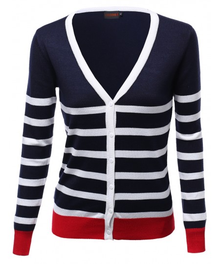 Women's Basic Stripe Color Contrast V Neck Cardigans