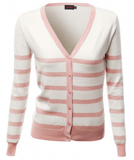 Women's Basic Stripe Color Contrast V Neck Cardigans