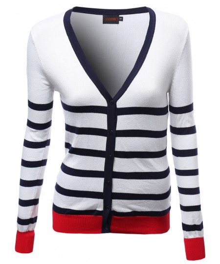 Women's Basic Stripe Color Contrast V Neck Cardigans