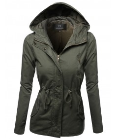 Women's Hooded Drawstring Military Jacket Parka Coat Outerwear