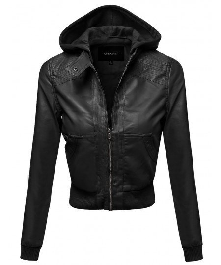 Women's Faux Leather Detachable Hood Biker Bomber Jacket