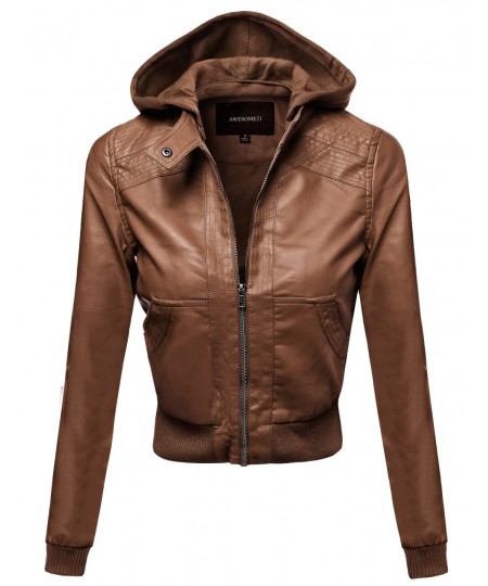 Women's Faux Leather Detachable Hood Biker Bomber Jacket