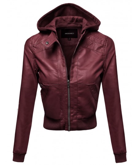 Women's Faux Leather Detachable Hood Biker Bomber Jacket