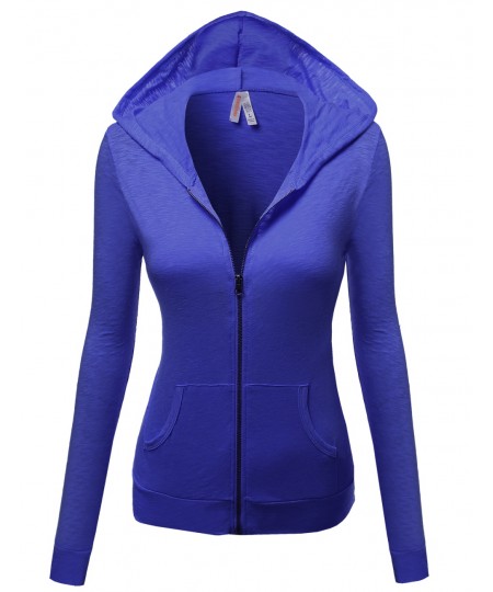 Women's Basic Solid Zip Up Hooded Jackets