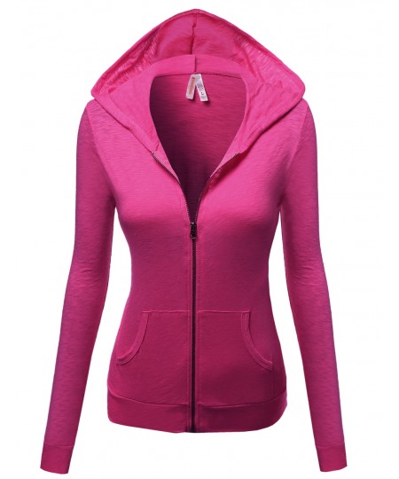 Women's Basic Solid Zip Up Hooded Jackets