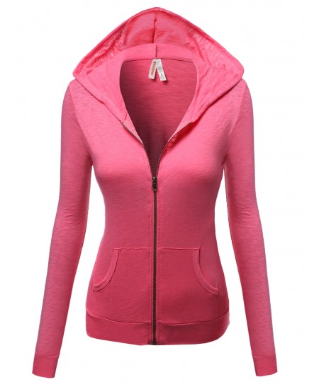 Women's Basic Solid Zip Up Hooded Jackets