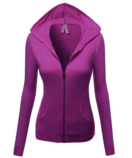 Women's Basic Solid Zip Up Hooded Jackets