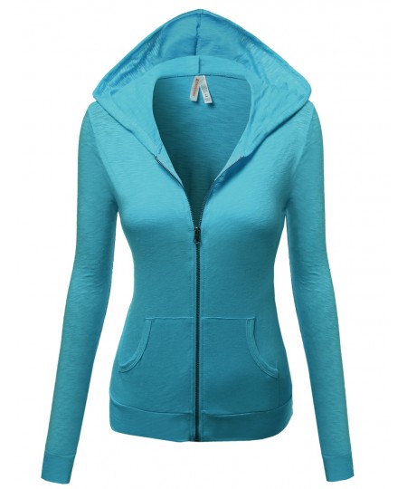 Women's Basic Solid Zip Up Hooded Jackets