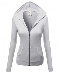 Women's Basic Solid Zip Up Hooded Jackets