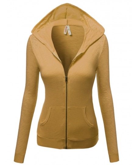 Women's Basic Solid Zip Up Hooded Jackets