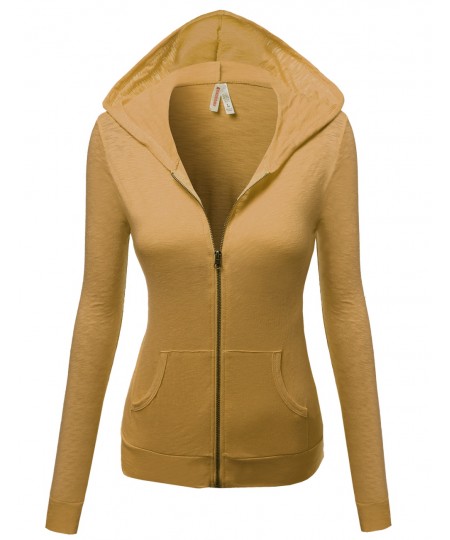 Women's Basic Solid Zip Up Hooded Jackets