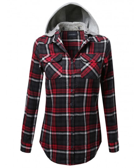 Women's Soft Plaid Checkered Detachable Hood Flannel