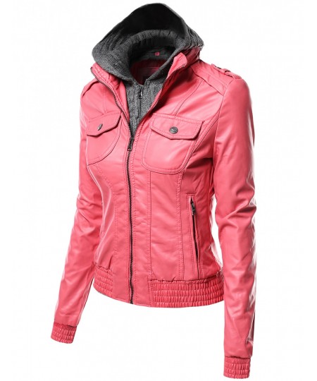 Women's Zip-Up Biker Bomber Hoodie Faux Leather Jackets