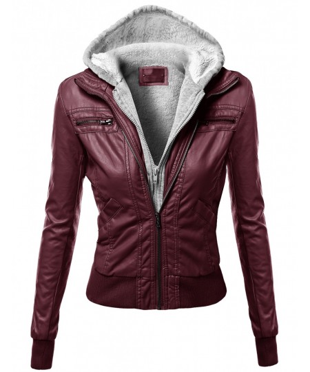 Women's Hoodie Zip Up Biker Sherpa Lining Faux Leather Jackets