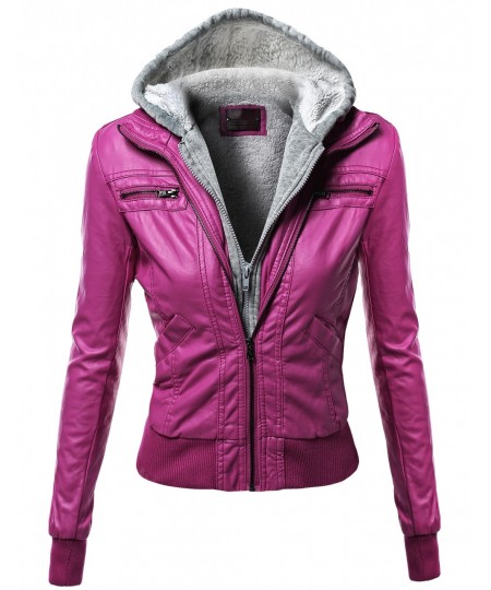 Women's Hoodie Zip Up Biker Sherpa Lining Faux Leather Jackets