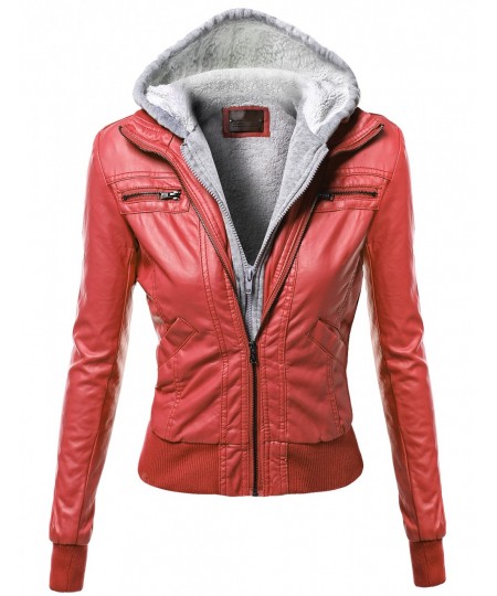 Women's Hoodie Zip Up Biker Sherpa Lining Faux Leather Jackets