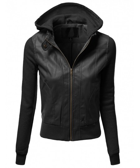 Women's Hood Sleeve Fleece Contrast Bike Rider Faux Leather Jackets