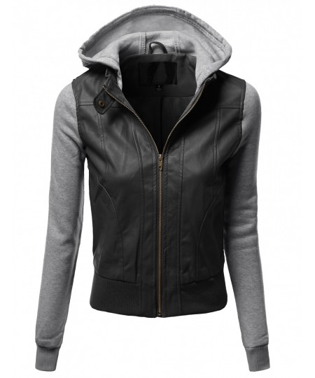 Women's Hood Sleeve Fleece Contrast Bike Rider Faux Leather Jackets